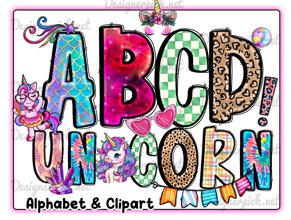 Unicorn Doodle Alphabet Bundle Unicorn Font Png Best Quality Design