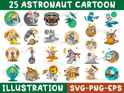 Astronaut Cartoon Illustration Bundle, Astronaut SVG