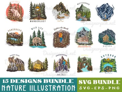 15 Nature Illustration Tshirt Design Bundle, Nature SVG Bundle