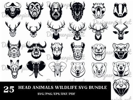 Animal Head Wildlife Svg Bundle, Layered Animal Head Clipart