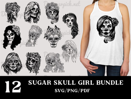 Sugar Skull Girl Svg Bundle, Layered Sugar Skull Clipart