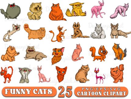 Funny Cats Cartoon Clipart, Cat Clipart PNG Bundle