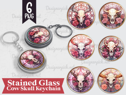 Stain Glass Cow Skull Keychain Png Bundle