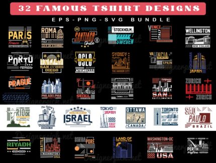 Famous Cities Tshirt Design, Cities Png Bundle