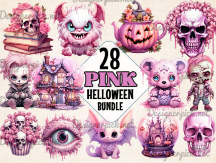 28 Pink Halloween Png Bundle, Cute Spooky Png