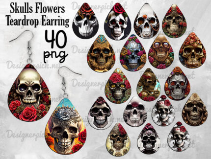 Flower Skull Teardrop Earring Png Bundle