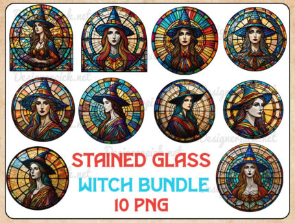 10 Stained Glass Witch Png Bundle