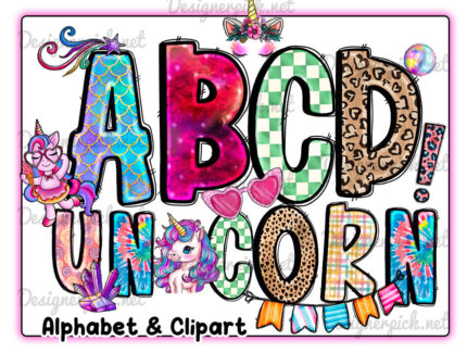 Unicorn Doodle Alphabet Bundle, Unicorn Font Png