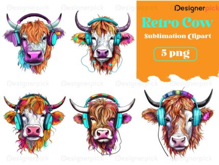 Retro Cow Sublimation Bundle, Music Cow Png