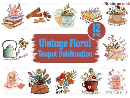 Vintage Floral Teapot Png Bundle, Floral Love Png