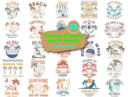 Vintage Summer Beach Png Bundle, Summer Sublimation Bundle