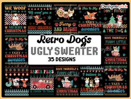 Retro Dogs Christmas Ugly Sweater PNG Bundle