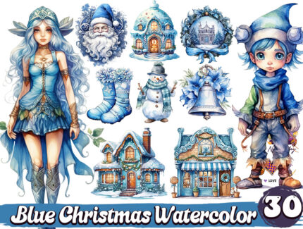 Blue Christmas Watercolor Sublimation Png Bundle