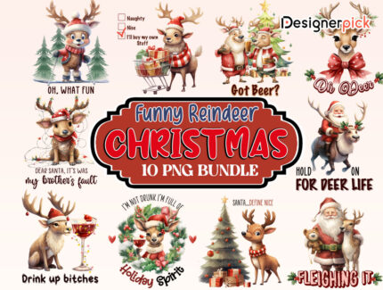 Funny Reindeer Sublimation Bundle, Funny Christmas Animal Png, Reindeer Png Bundle