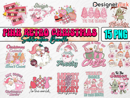 Pink Retro Christmas Sublimation Bundle, Pink Christmas Png, Christmas Png Bundle