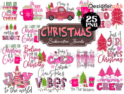 Christmas Sublimation Bundle, Pink Christmas Png, Christmas Png Bundle