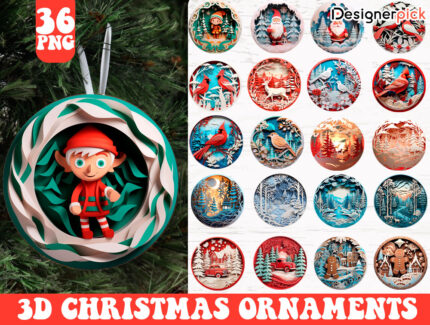 3D Christmas Ornament Png Bundle, 3D Round Christmas, Xmas Png Ornament