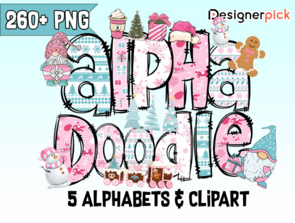 Pink Christmas Doodle Alphabet Bundle, Christmas Doodle Alphabet Clipart, Xmas Letter