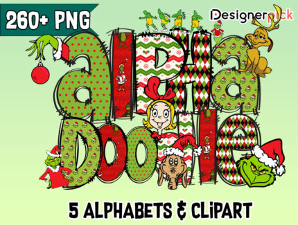 Grinch Christmas Doodle Alphabet, Xmas Letter, xmas Doodle text design, Grinch Alphabet Doodle