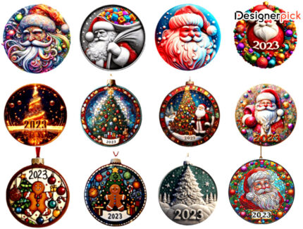 Christmas Ornament Png Bundle, Christmas Coaster Png, 3D Round Christmas