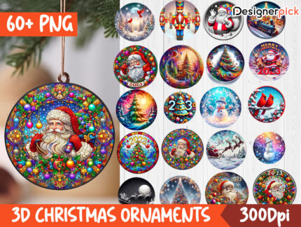 Christmas Ornament Png Bundle, Christmas Coaster Png, 3D Round Christmas
