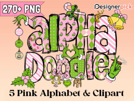 Pink Grinch Doodle Alphabet, Xmas Letter, xmas Doodle text design, Pink Grinch Alphabet Doodle
