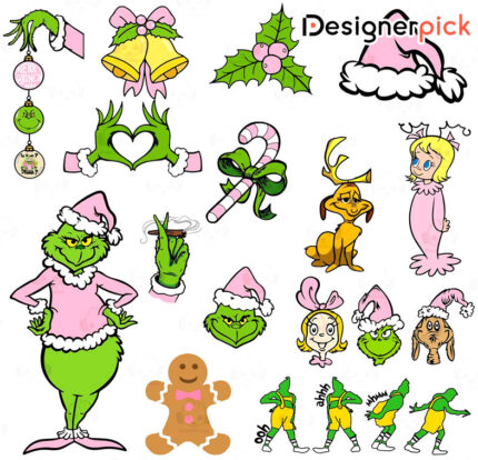 Pink Grinch Doodle Alphabet, Xmas Letter, xmas Doodle text design, Pink Grinch Alphabet Doodle