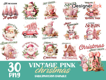 Vintage Pink Christmas Sublimation Bundle, Pink Christmas Png, Christmas Png Bundle