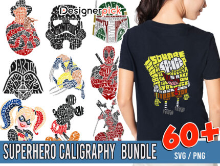Superhero Caligraphy PNG bundle, Cartoon Clipart, Superhero T-shirt Design bundle
