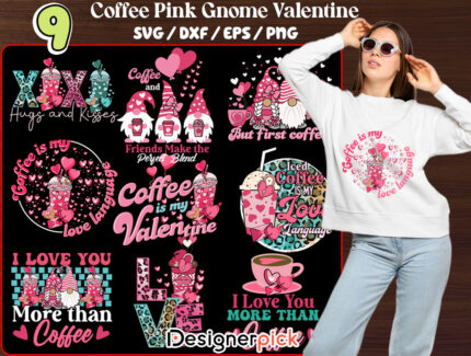 Coffee Pink Gnome Valentine Svg Bundle, Gnome Valentine Svg