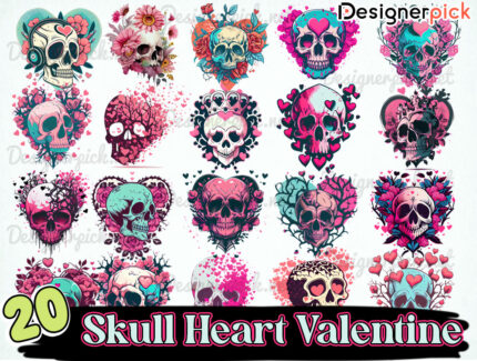 Skull Heart Sublimation Bundle, Skull Love Png